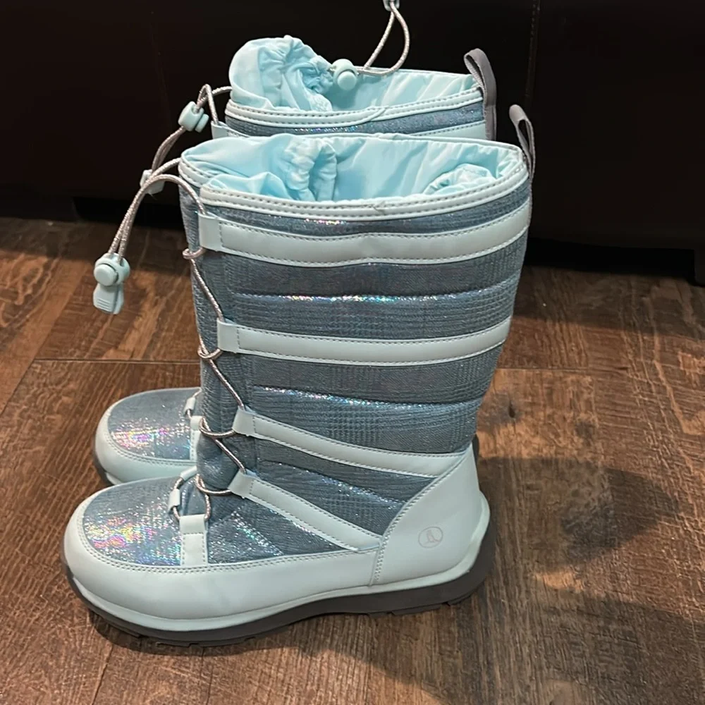 Lands End Kids Shoe Size 5 Teal Iridescent Snowflake Tall Insulated Winter Boots
